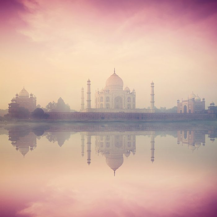 The Taj Mahal at dawn, reflected in the Yamuna