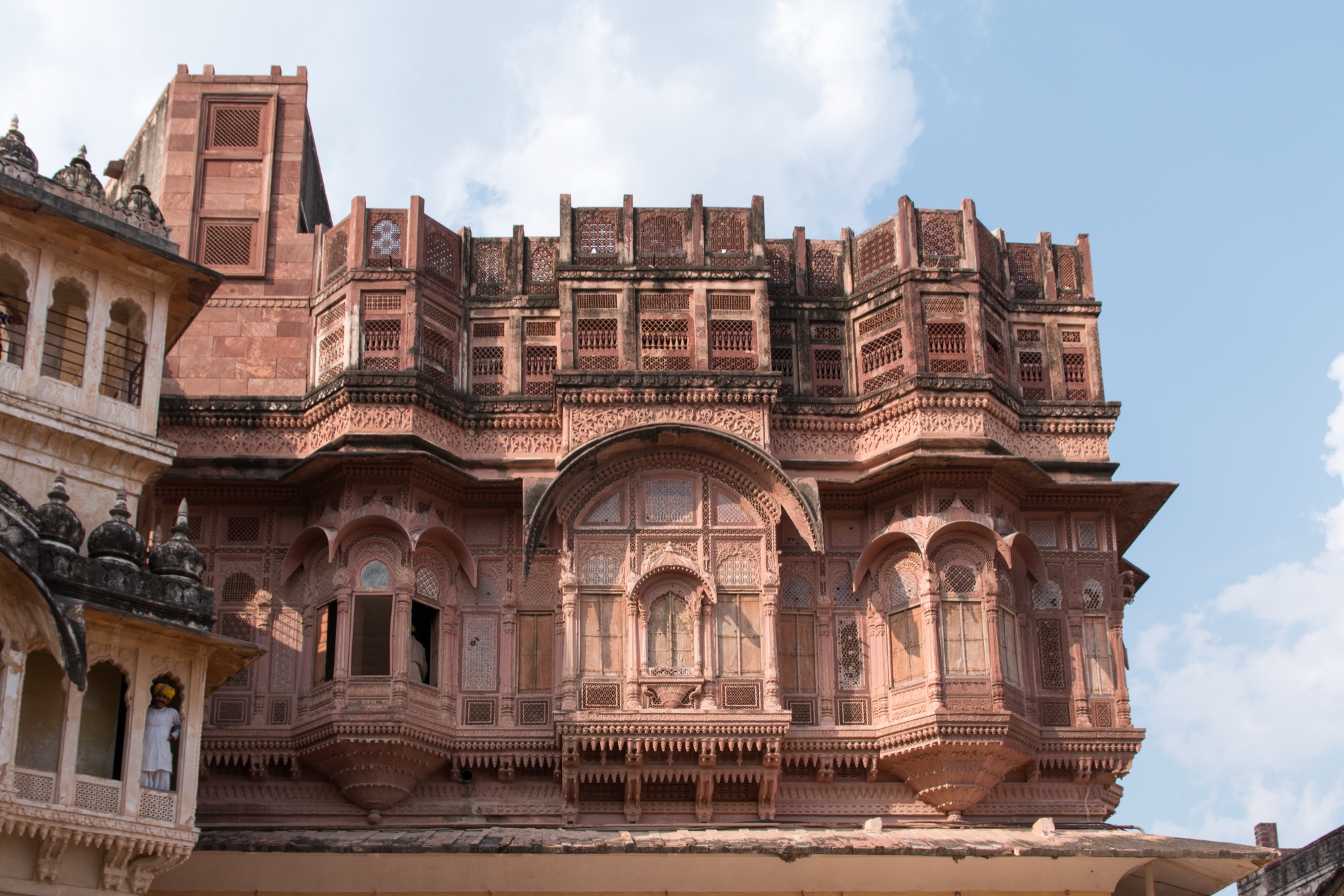 Carved sandstone jharokhas above Sangar Chowk, Mehrangarh Fort, Jodhpur