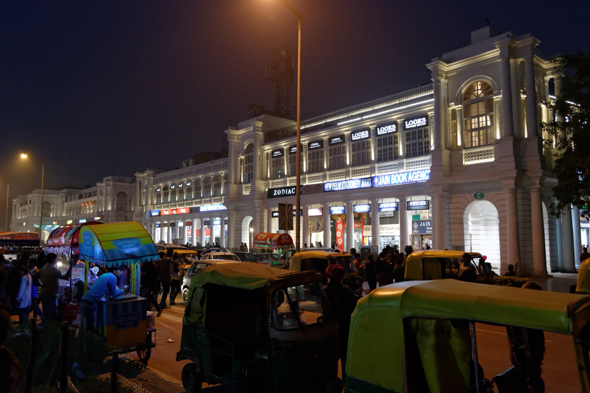Connaught Place, New Delhi, lit and busy after dark