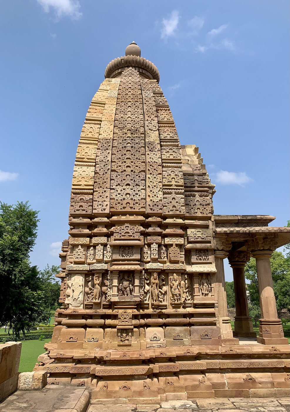 A carved sandstone temple spire at Khajuraho, Madhya Pradesh