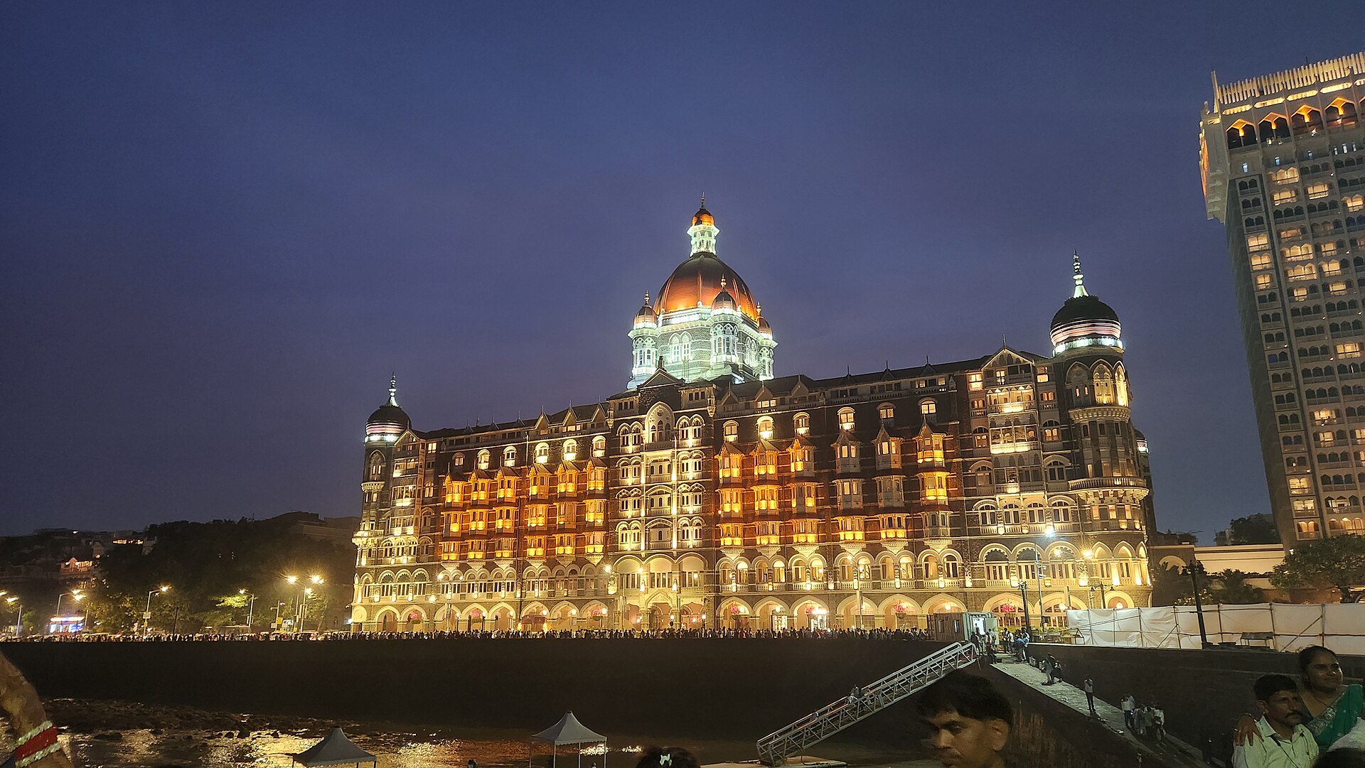 The Taj Mahal Palace hotel, Mumbai, illuminated at dusk