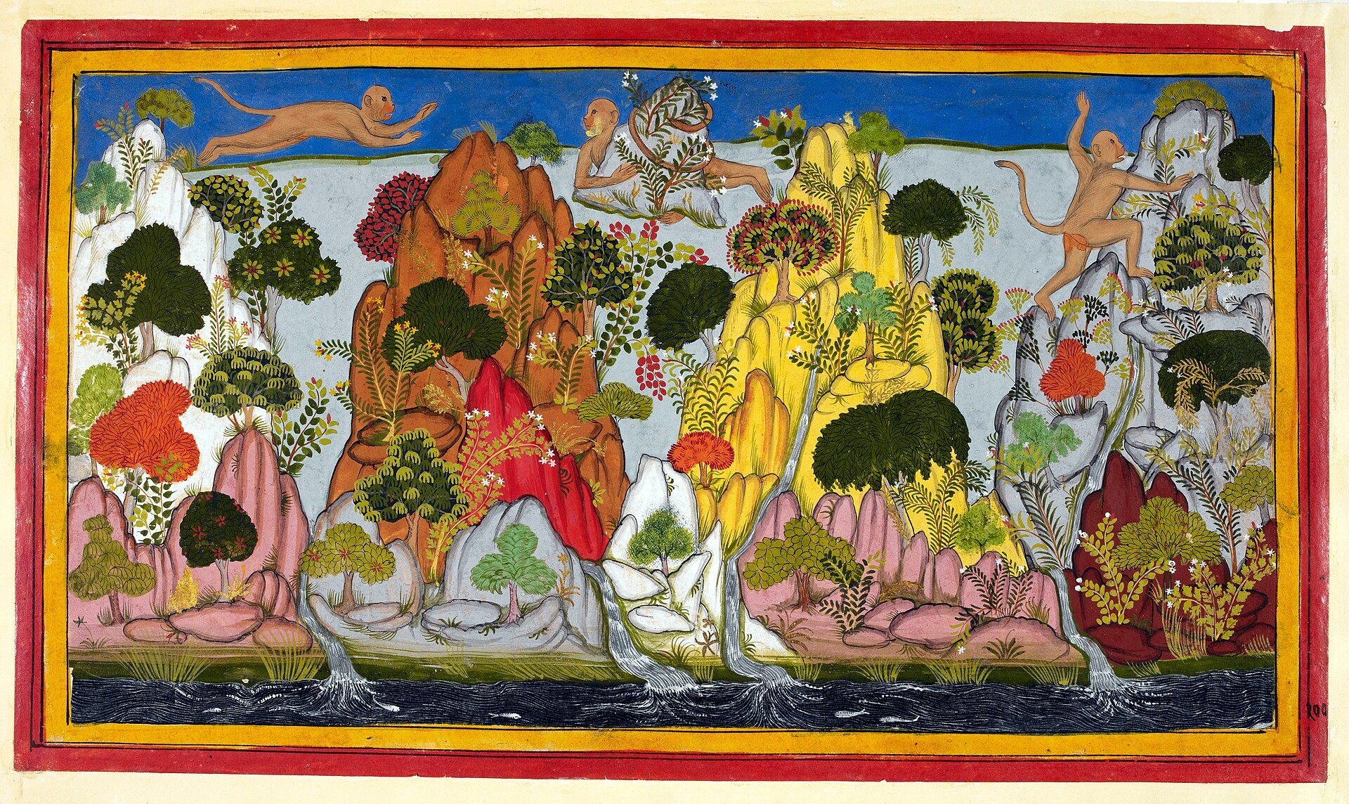 A folio from the Mewar Ramayana of Jagat Singh: Hanuman flying to the Himalayas for the sacred herbs, shown three times in a single frame, within the school's characteristic red and yellow borders