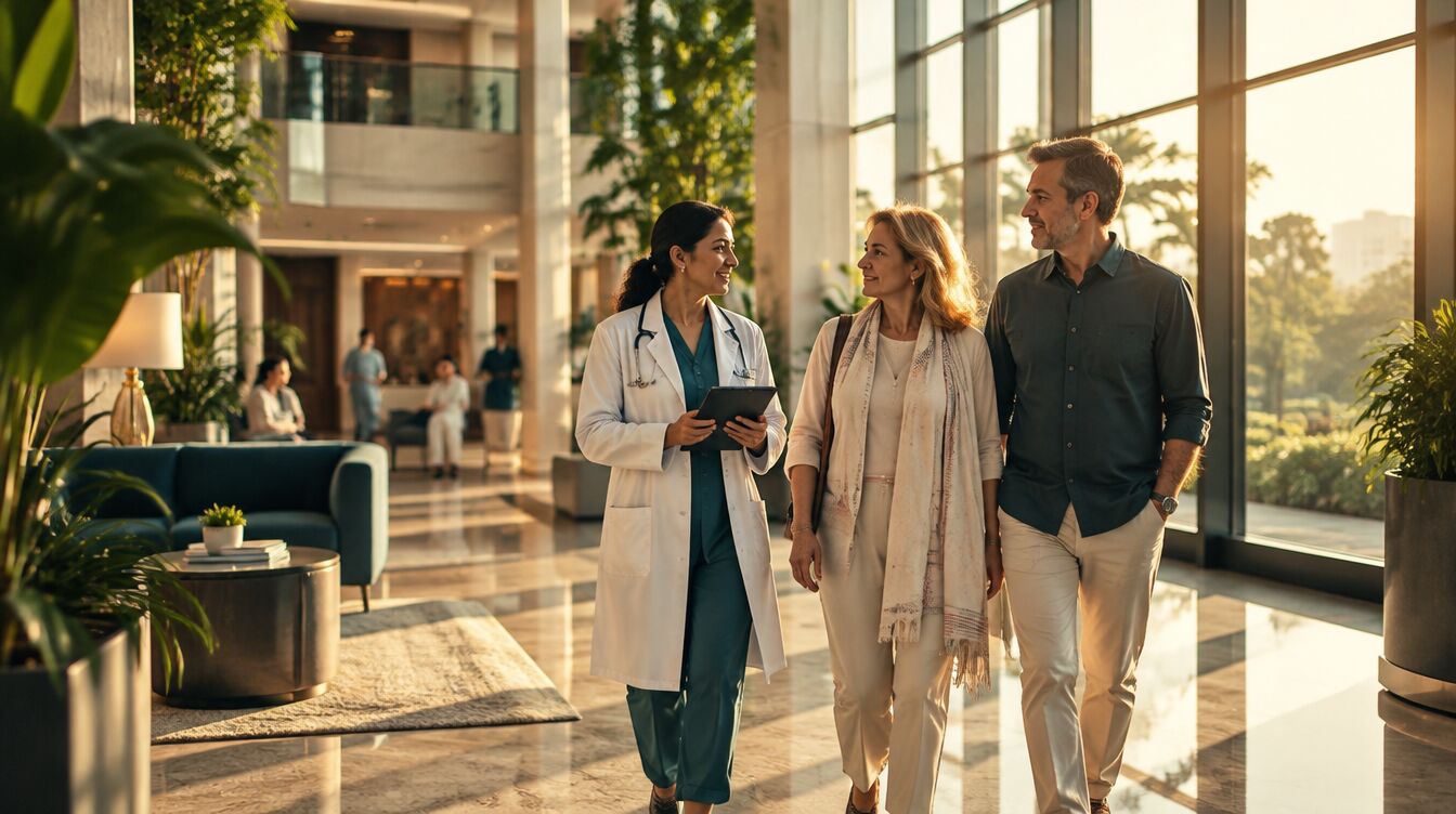 A doctor walking with an international patient and her husband through a calm hospital atrium