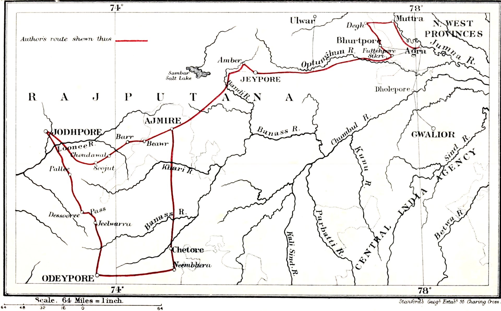 A nineteenth-century journal map of Rajputana, a traveller's route drawn across it