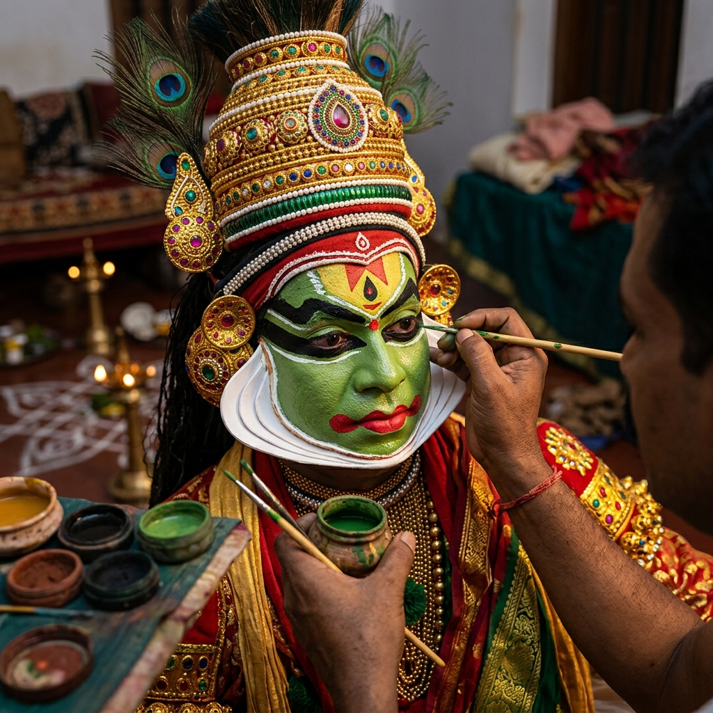 Traditional Kathakali dancer applying colourful face makeup